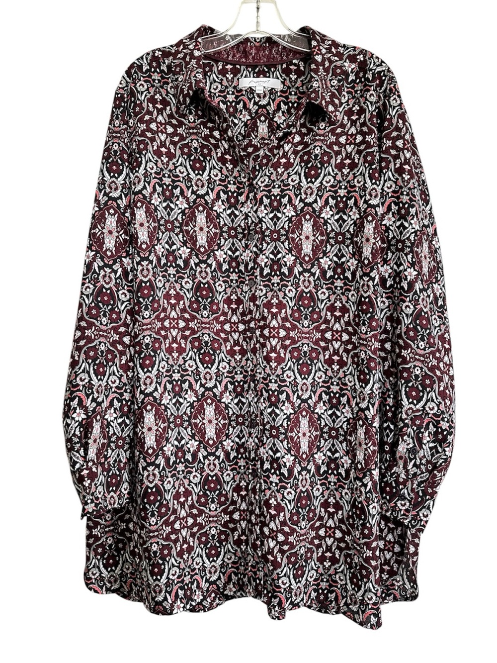 Foxcroft Burgundy and White Printed Button-Down Tunic Shirt 20W